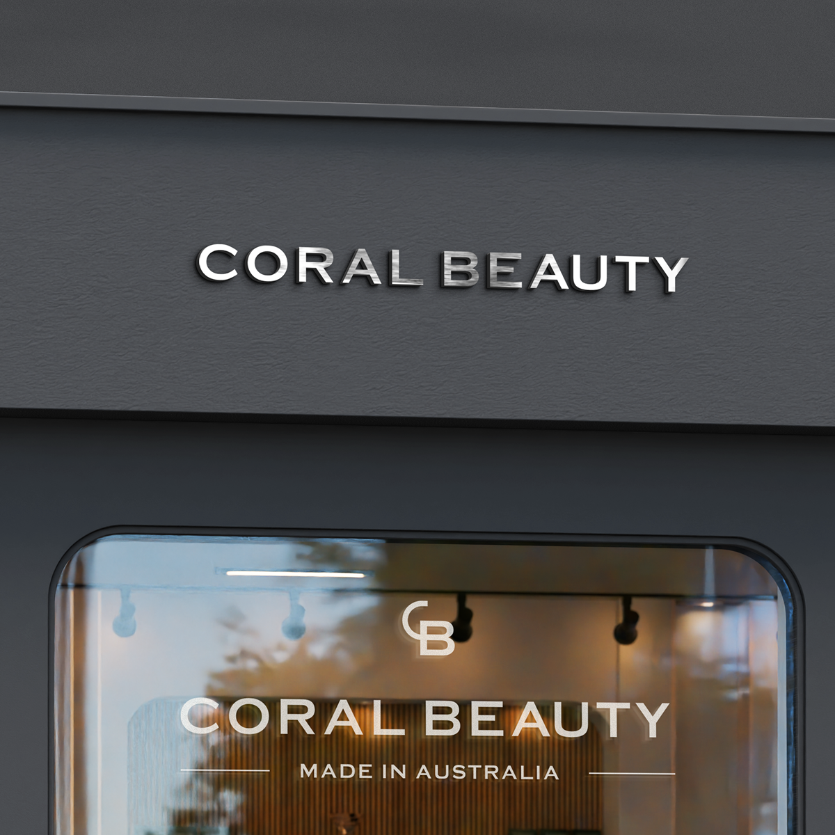 Coral Beauty retail storefront — CORAL BEAUTY signage above the entrance, MADE IN AUSTRALIA monogram on the window